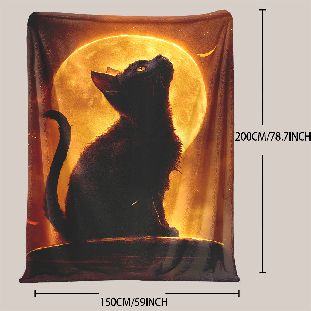 Black Cat and Full Moon Print Throw Blanket in Glam Style - Fantasy Theme, All-Season Knitted Polyester, Machine Washable, Multipurpose for Napping, Camping, Travel, Office, Home Decor - 1 piece