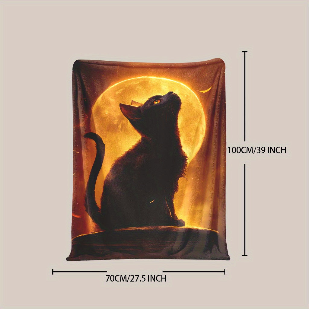 Black Cat and Full Moon Print Throw Blanket in Glam Style - Fantasy Theme, All-Season Knitted Polyester, Machine Washable, Multipurpose for Napping, Camping, Travel, Office, Home Decor - 1 piece