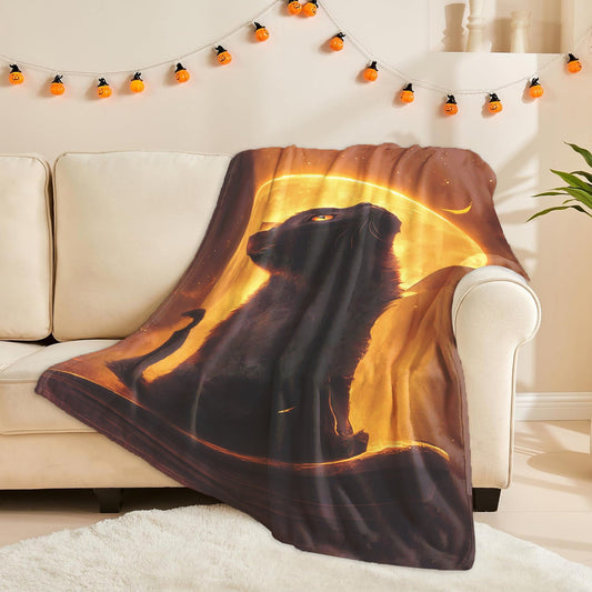 Black Cat and Full Moon Print Throw Blanket in Glam Style - Fantasy Theme, All-Season Knitted Polyester, Machine Washable, Multipurpose for Napping, Camping, Travel, Office, Home Decor - 1 piece