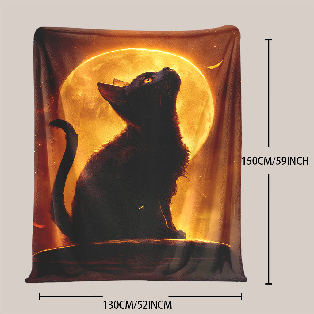 Black Cat and Full Moon Print Throw Blanket in Glam Style - Fantasy Theme, All-Season Knitted Polyester, Machine Washable, Multipurpose for Napping, Camping, Travel, Office, Home Decor - 1 piece