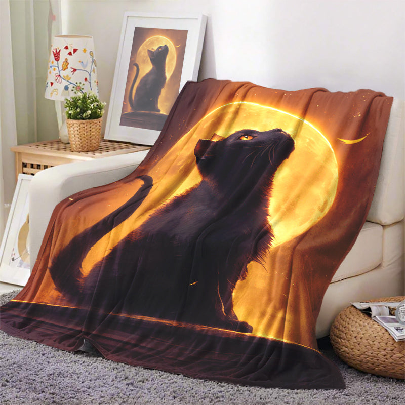 Black Cat and Full Moon Print Throw Blanket in Glam Style - Fantasy Theme, All-Season Knitted Polyester, Machine Washable, Multipurpose for Napping, Camping, Travel, Office, Home Decor - 1 piece