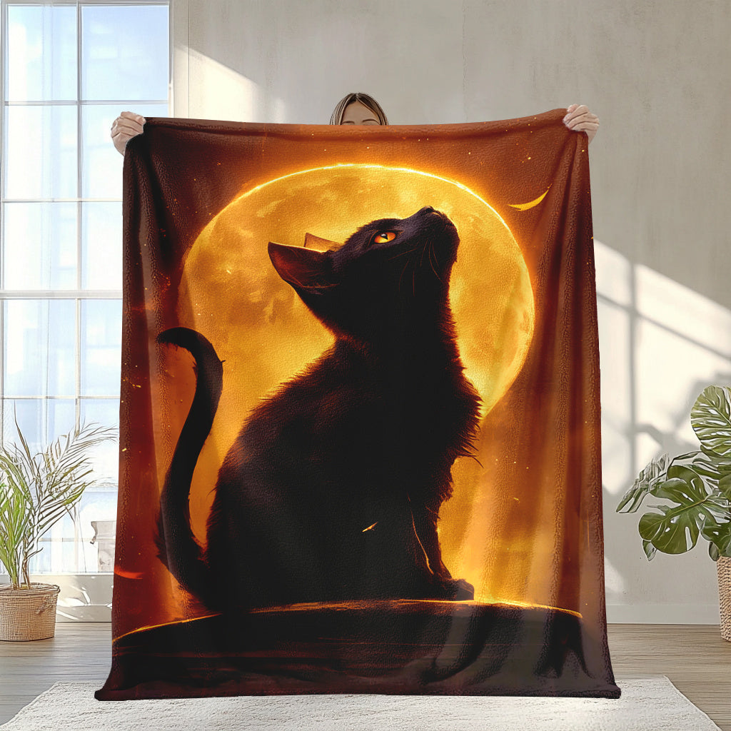 Black Cat and Full Moon Print Throw Blanket in Glam Style - Fantasy Theme, All-Season Knitted Polyester, Machine Washable, Multipurpose for Napping, Camping, Travel, Office, Home Decor - 1 piece