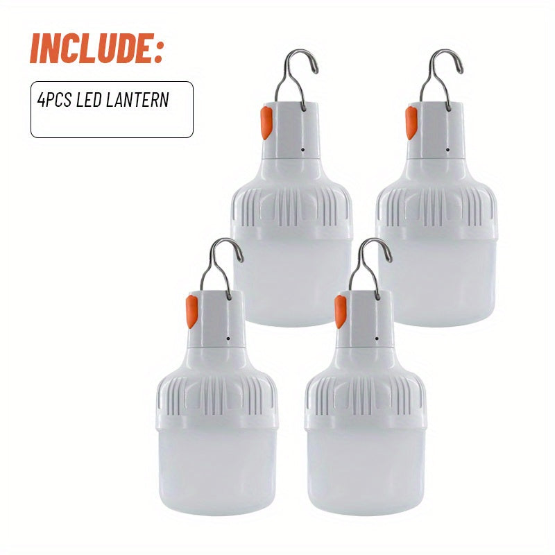 4 LED lanterns with hook design, USB rechargeable, 3 lighting modes, durable ABS material, portable flashlight for home & outdoor use.