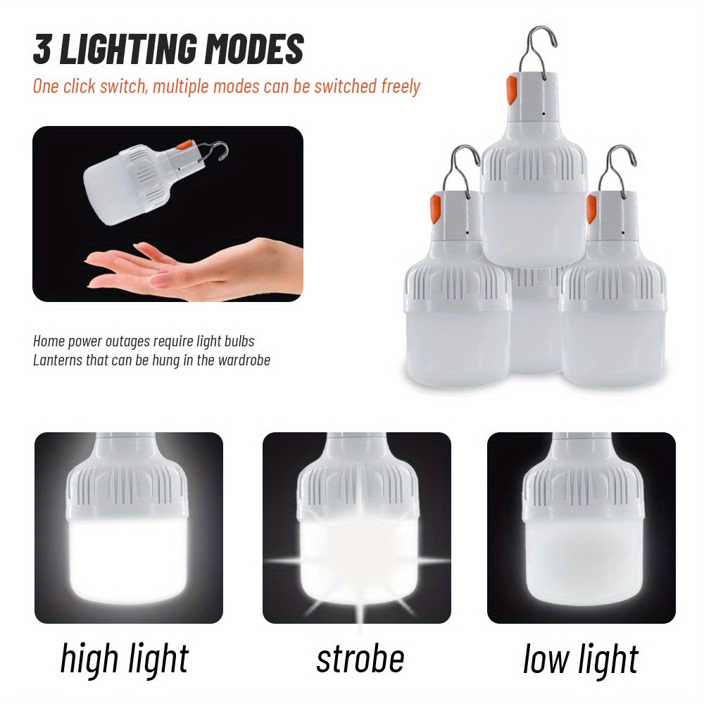 4 LED lanterns with hook design, USB rechargeable, 3 lighting modes, durable ABS material, portable flashlight for home & outdoor use.