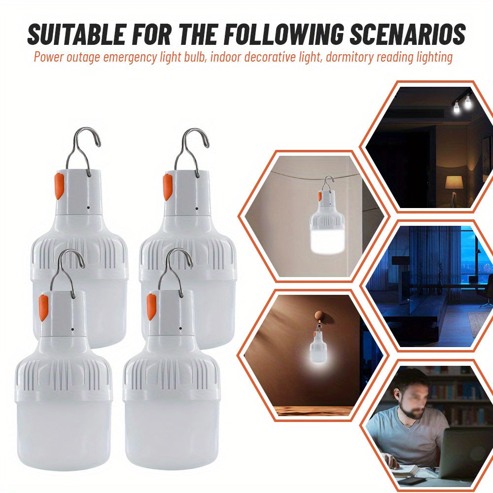 4 LED lanterns with hook design, USB rechargeable, 3 lighting modes, durable ABS material, portable flashlight for home & outdoor use.