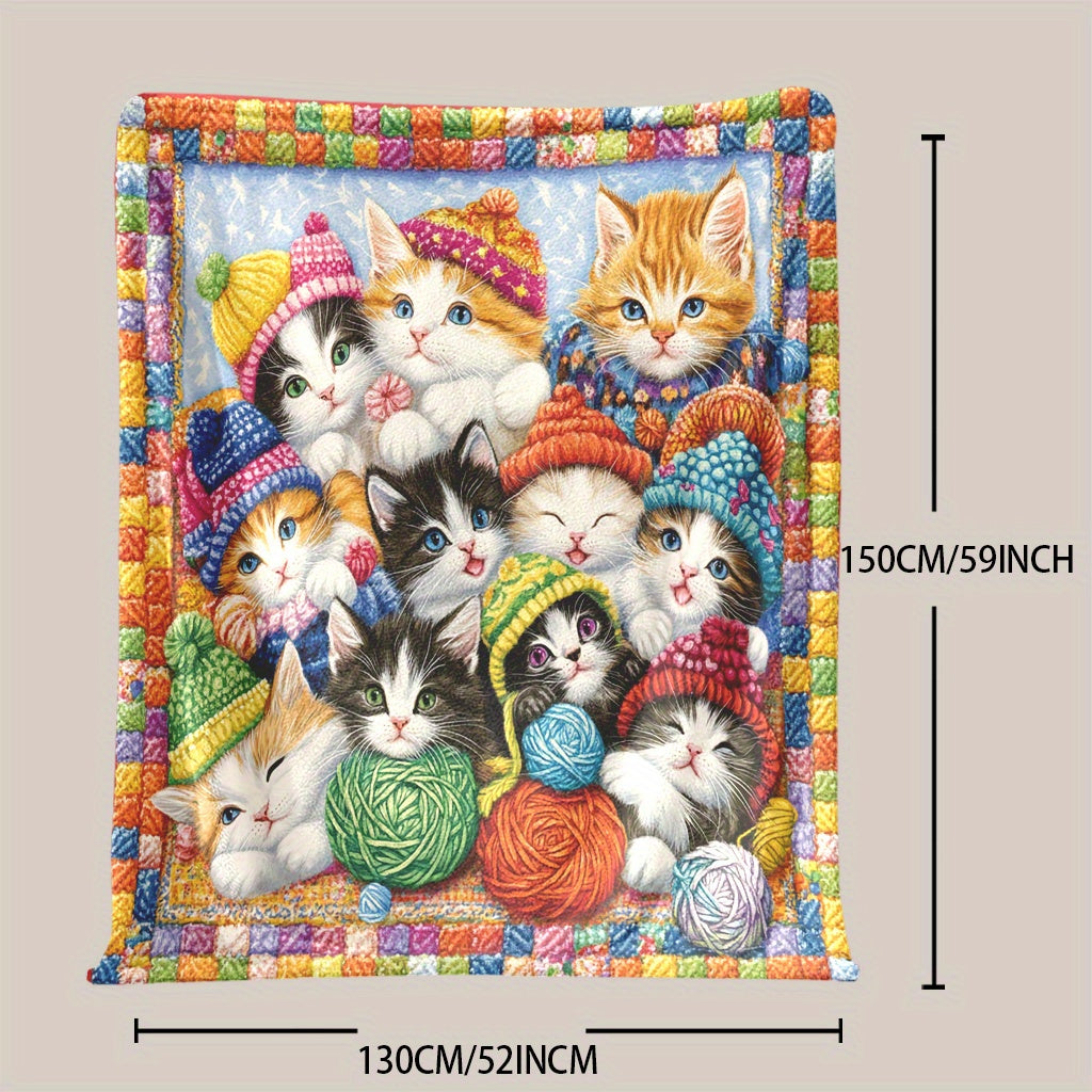 1 piece of Fashion Kitten and Yarn printed soft and warm polyester fleece blanket. This digitally printed blanket is engraved and suitable for all seasons. It is multi-purpose, machine washable, and perfect for home and office decor. Weighs 200-250 grams