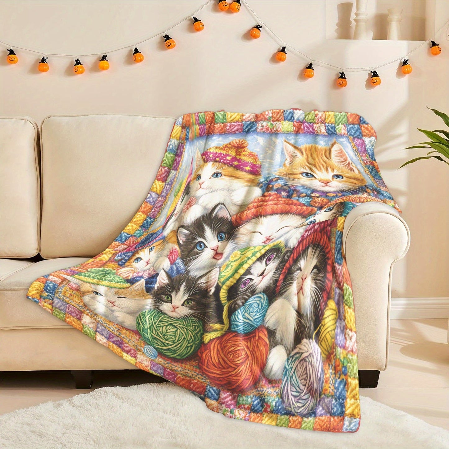 1 piece of Fashion Kitten and Yarn printed soft and warm polyester fleece blanket. This digitally printed blanket is engraved and suitable for all seasons. It is multi-purpose, machine washable, and perfect for home and office decor. Weighs 200-250 grams