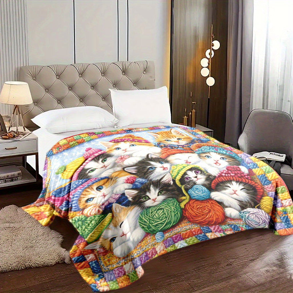 1 piece of Fashion Kitten and Yarn printed soft and warm polyester fleece blanket. This digitally printed blanket is engraved and suitable for all seasons. It is multi-purpose, machine washable, and perfect for home and office decor. Weighs 200-250 grams