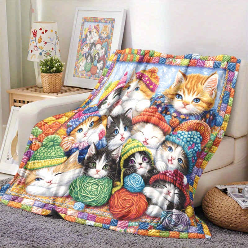 1 piece of Fashion Kitten and Yarn printed soft and warm polyester fleece blanket. This digitally printed blanket is engraved and suitable for all seasons. It is multi-purpose, machine washable, and perfect for home and office decor. Weighs 200-250 grams