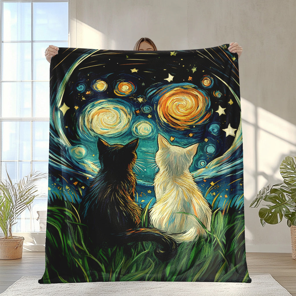 1 piece of Fashion Starry Sky Kitten Print Blanket made with soft flannel and polyester material. Features digital print, envelope stitch, and weighs between 200-250g. Suitable for all seasons, multi-use, and easy to machine wash. Perfect for home and