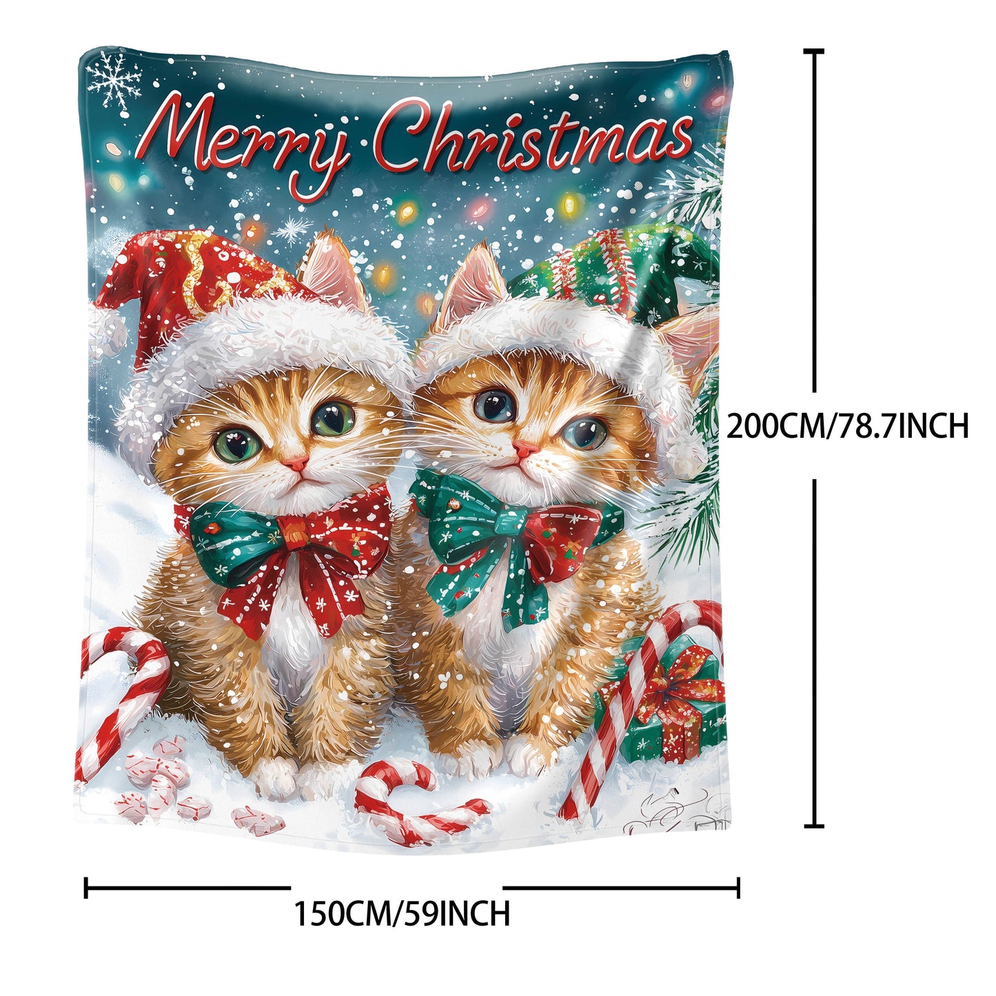 One piece of Mid-Century Style Christmas Flannel Throw Blanket featuring a Digital Print of Soft Polyester Knit with Two Adorable Cats wearing Santa Hats. This All-Season Cozy Sofa and Bed Cover is made of lightweight 200-250g fabric.