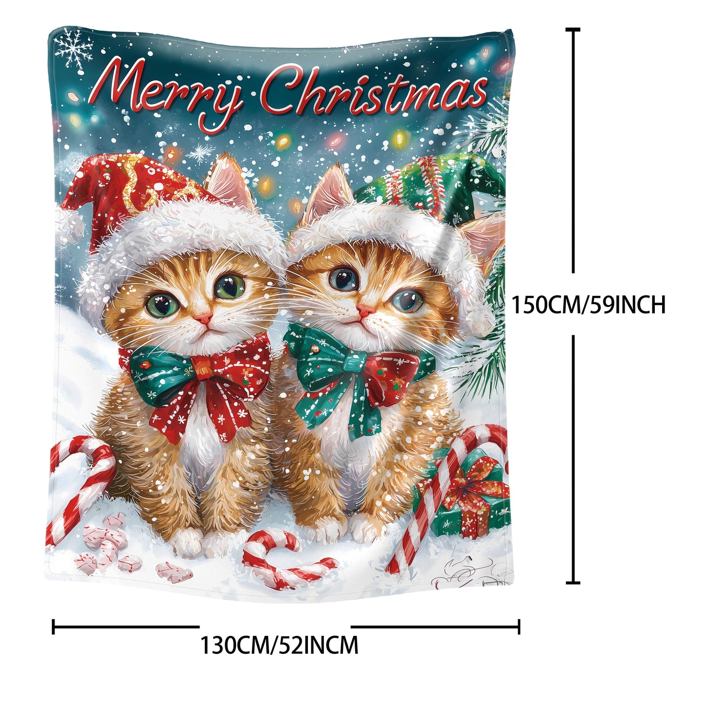 One piece of Mid-Century Style Christmas Flannel Throw Blanket featuring a Digital Print of Soft Polyester Knit with Two Adorable Cats wearing Santa Hats. This All-Season Cozy Sofa and Bed Cover is made of lightweight 200-250g fabric.