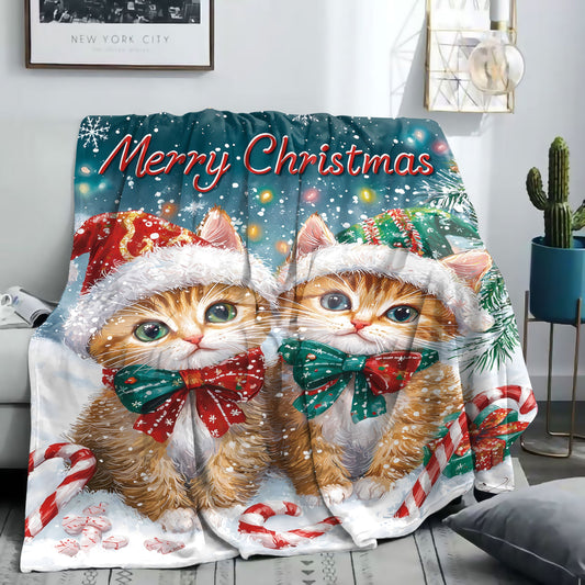 One piece of Mid-Century Style Christmas Flannel Throw Blanket featuring a Digital Print of Soft Polyester Knit with Two Adorable Cats wearing Santa Hats. This All-Season Cozy Sofa and Bed Cover is made of lightweight 200-250g fabric.