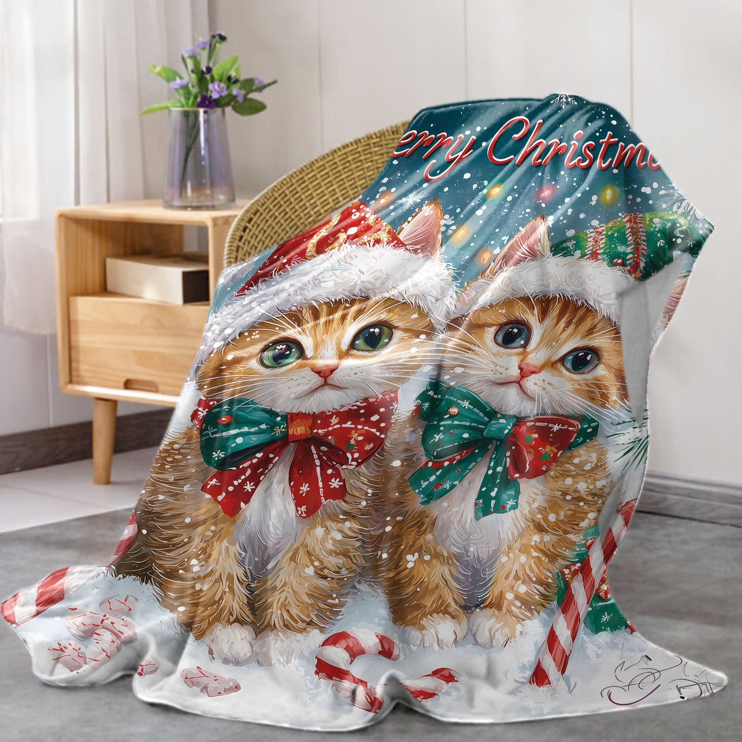 One piece of Mid-Century Style Christmas Flannel Throw Blanket featuring a Digital Print of Soft Polyester Knit with Two Adorable Cats wearing Santa Hats. This All-Season Cozy Sofa and Bed Cover is made of lightweight 200-250g fabric.