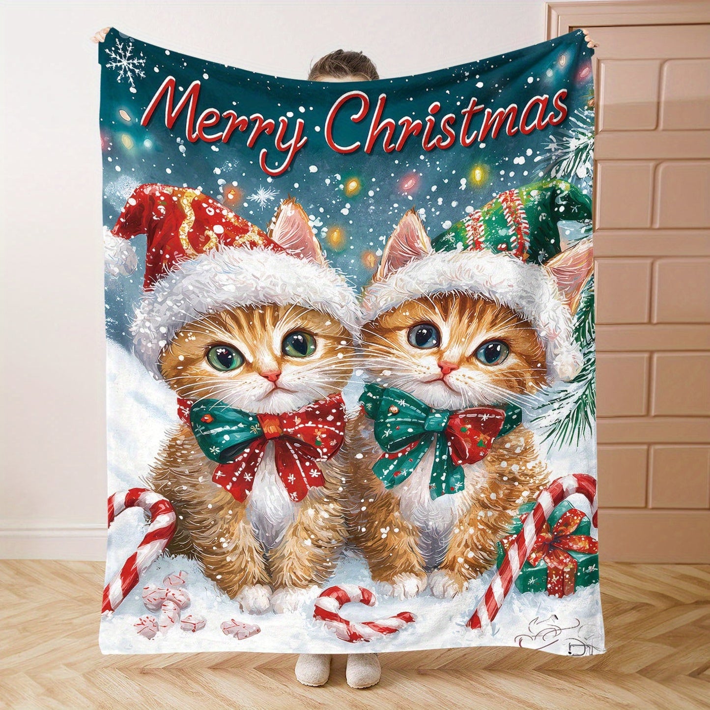 One piece of Mid-Century Style Christmas Flannel Throw Blanket featuring a Digital Print of Soft Polyester Knit with Two Adorable Cats wearing Santa Hats. This All-Season Cozy Sofa and Bed Cover is made of lightweight 200-250g fabric.