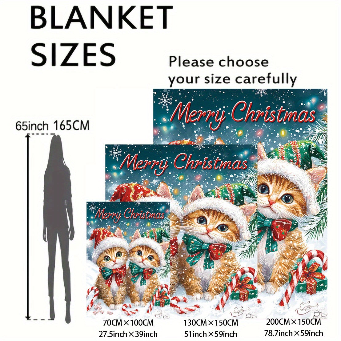 One piece of Mid-Century Style Christmas Flannel Throw Blanket featuring a Digital Print of Soft Polyester Knit with Two Adorable Cats wearing Santa Hats. This All-Season Cozy Sofa and Bed Cover is made of lightweight 200-250g fabric.