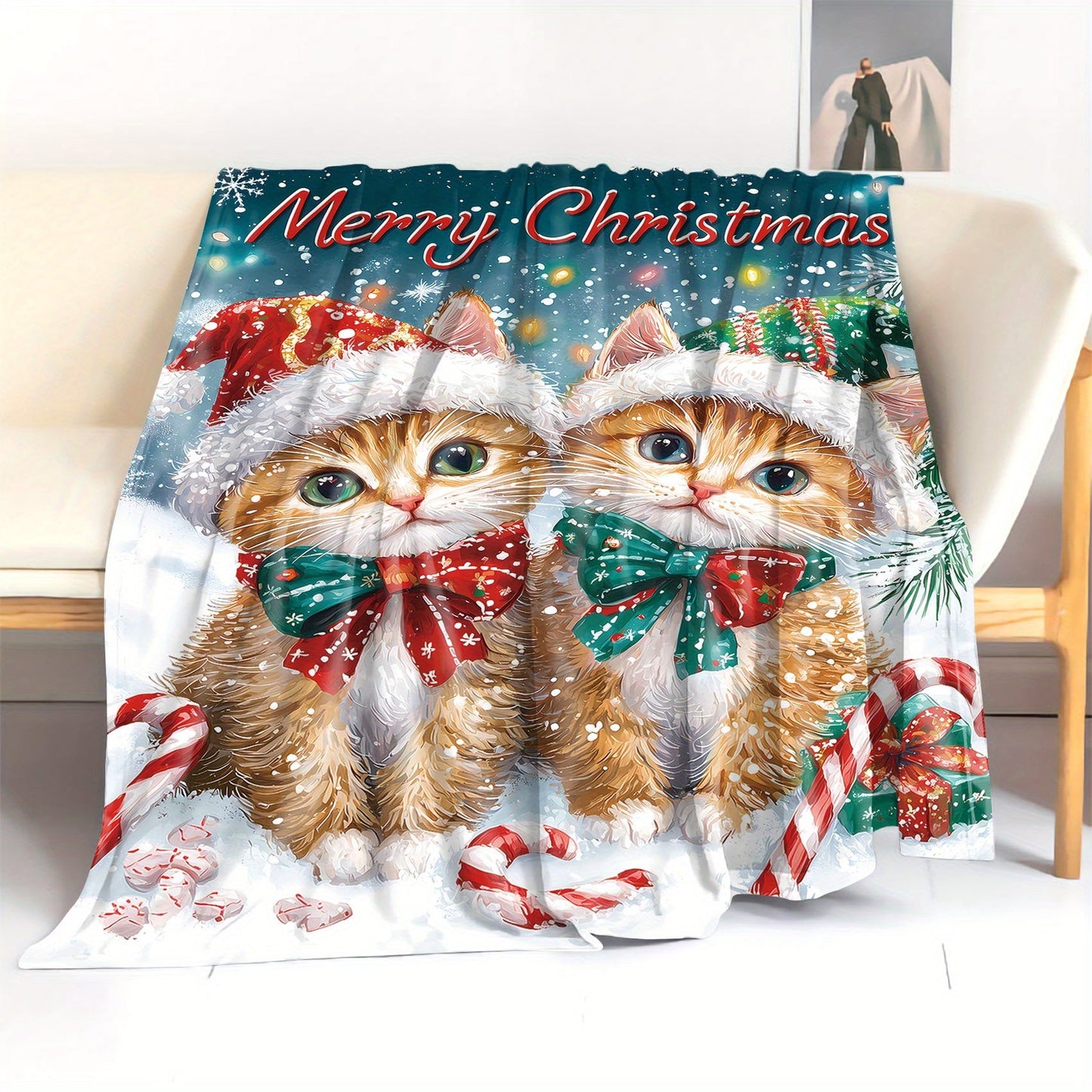 One piece of Mid-Century Style Christmas Flannel Throw Blanket featuring a Digital Print of Soft Polyester Knit with Two Adorable Cats wearing Santa Hats. This All-Season Cozy Sofa and Bed Cover is made of lightweight 200-250g fabric.