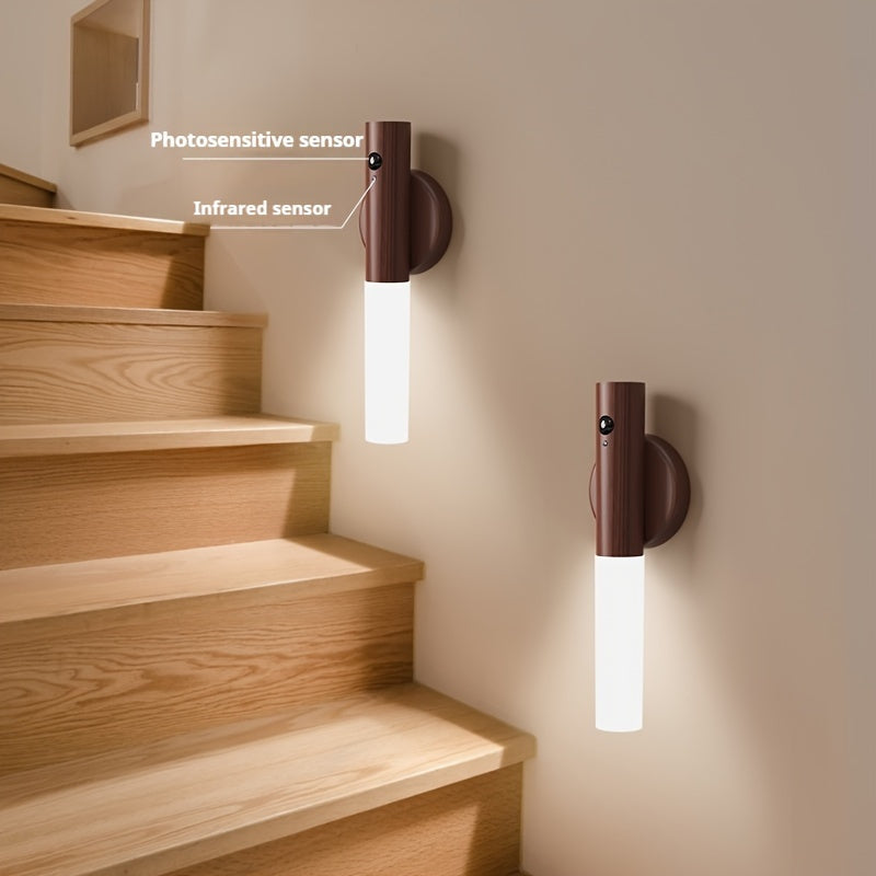 Rechargeable body sensor nightlight with magnetic stick-on wall sconce for indoor use.