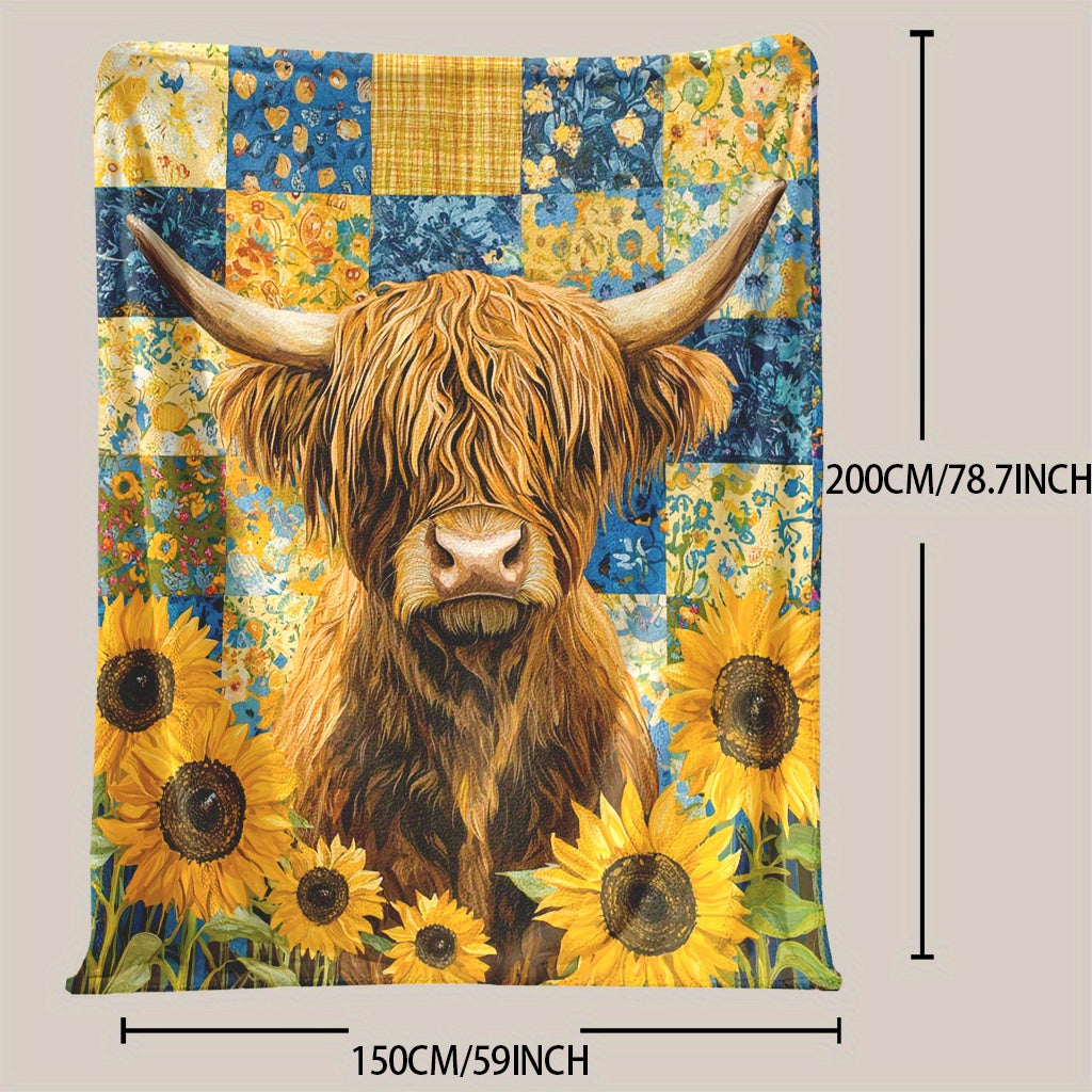 Highland Cattle & Sunflowers Print Blanket made of Knitted Polyester Fleece in Mixed Colors. This Digital Floral Blanket is Soft & Warm, weighing 200-250g and features Envelope Stitch design. Suitable for all seasons and multi-purpose use, this blanket