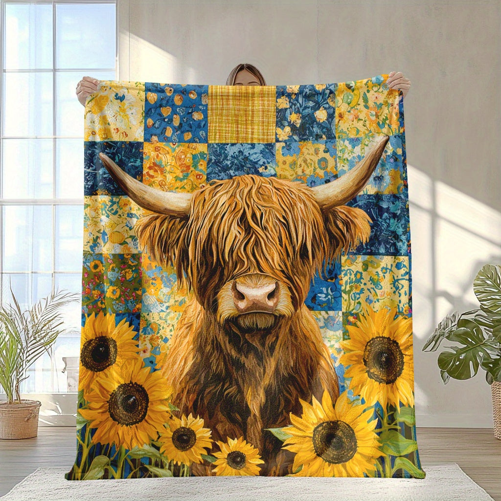 Highland Cattle & Sunflowers Print Blanket made of Knitted Polyester Fleece in Mixed Colors. This Digital Floral Blanket is Soft & Warm, weighing 200-250g and features Envelope Stitch design. Suitable for all seasons and multi-purpose use, this blanket