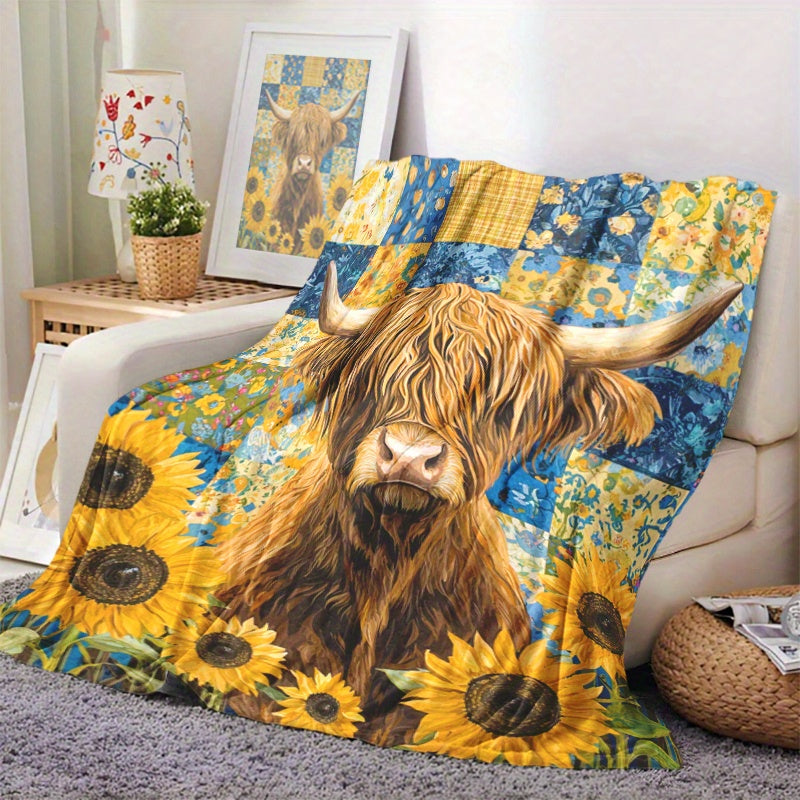 Highland Cattle & Sunflowers Print Blanket made of Knitted Polyester Fleece in Mixed Colors. This Digital Floral Blanket is Soft & Warm, weighing 200-250g and features Envelope Stitch design. Suitable for all seasons and multi-purpose use, this blanket