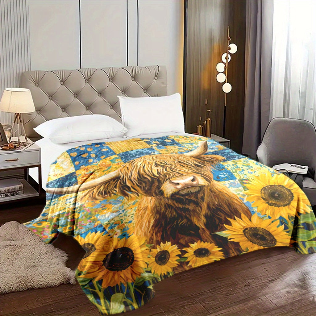 Highland Cattle & Sunflowers Print Blanket made of Knitted Polyester Fleece in Mixed Colors. This Digital Floral Blanket is Soft & Warm, weighing 200-250g and features Envelope Stitch design. Suitable for all seasons and multi-purpose use, this blanket