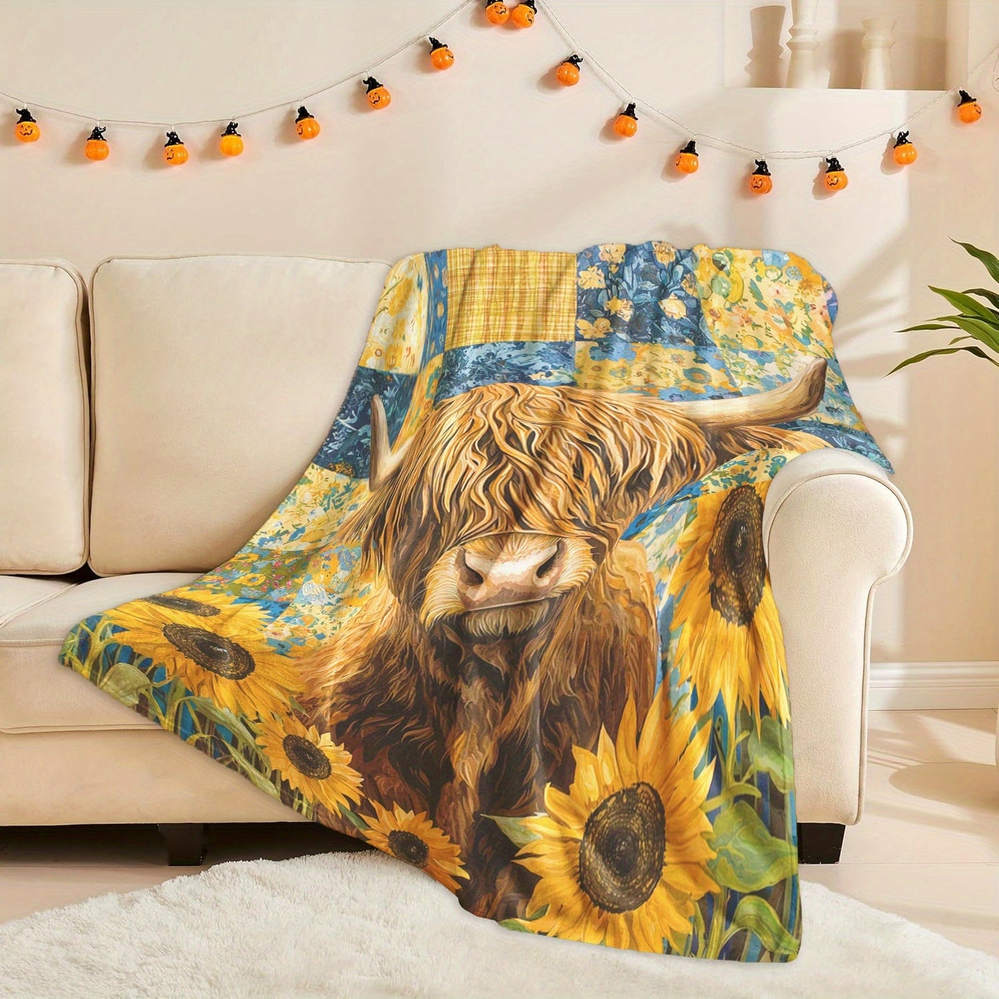 Highland Cattle & Sunflowers Print Blanket made of Knitted Polyester Fleece in Mixed Colors. This Digital Floral Blanket is Soft & Warm, weighing 200-250g and features Envelope Stitch design. Suitable for all seasons and multi-purpose use, this blanket