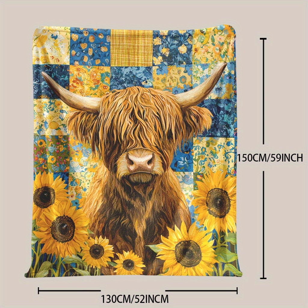 Highland Cattle & Sunflowers Print Blanket made of Knitted Polyester Fleece in Mixed Colors. This Digital Floral Blanket is Soft & Warm, weighing 200-250g and features Envelope Stitch design. Suitable for all seasons and multi-purpose use, this blanket