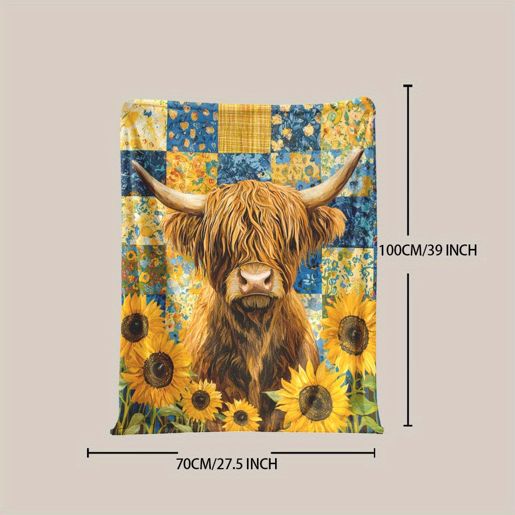 Highland Cattle & Sunflowers Print Blanket made of Knitted Polyester Fleece in Mixed Colors. This Digital Floral Blanket is Soft & Warm, weighing 200-250g and features Envelope Stitch design. Suitable for all seasons and multi-purpose use, this blanket