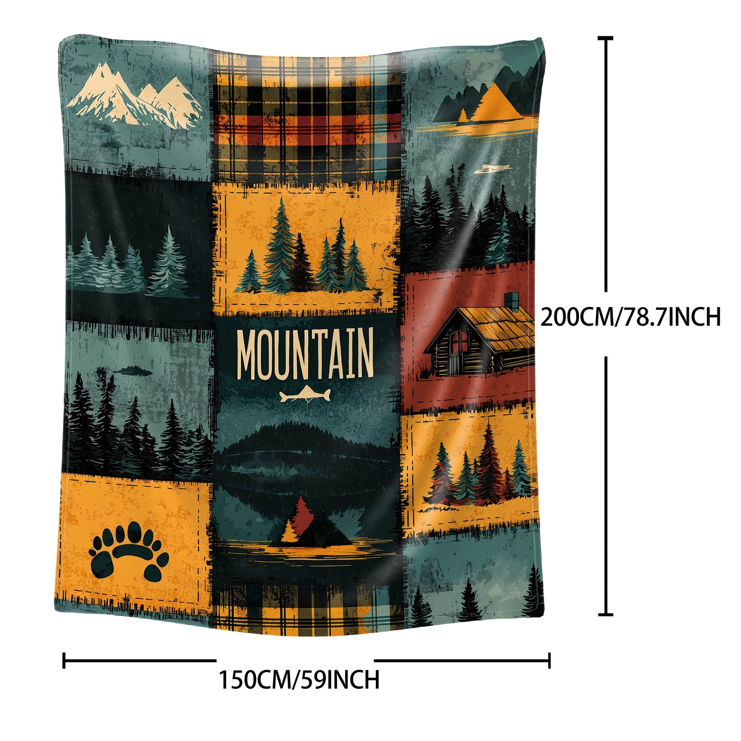 Soft polyester knit throw blanket with a mid-century outdoor patchwork design featuring digital print of mountains and forests. This all-season lightweight cover is perfect for bed, sofa, office, or camping.