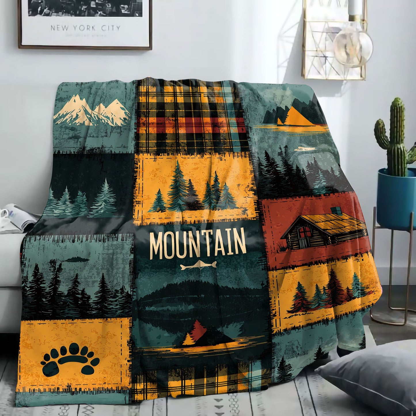 Soft polyester knit throw blanket with a mid-century outdoor patchwork design featuring digital print of mountains and forests. This all-season lightweight cover is perfect for bed, sofa, office, or camping.