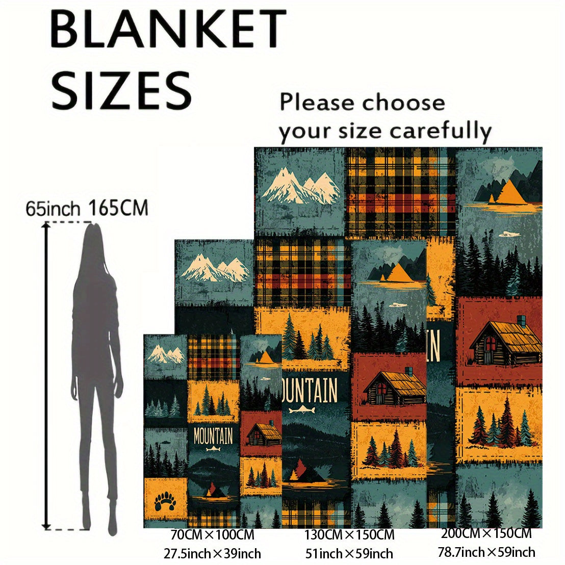 Soft polyester knit throw blanket with a mid-century outdoor patchwork design featuring digital print of mountains and forests. This all-season lightweight cover is perfect for bed, sofa, office, or camping.