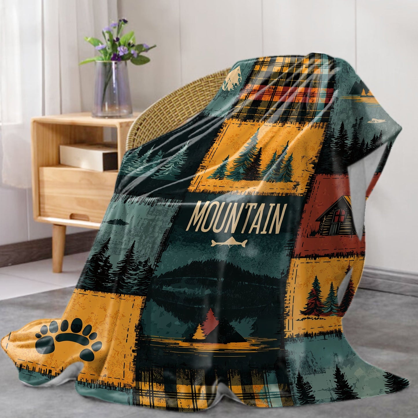 Soft polyester knit throw blanket with a mid-century outdoor patchwork design featuring digital print of mountains and forests. This all-season lightweight cover is perfect for bed, sofa, office, or camping.