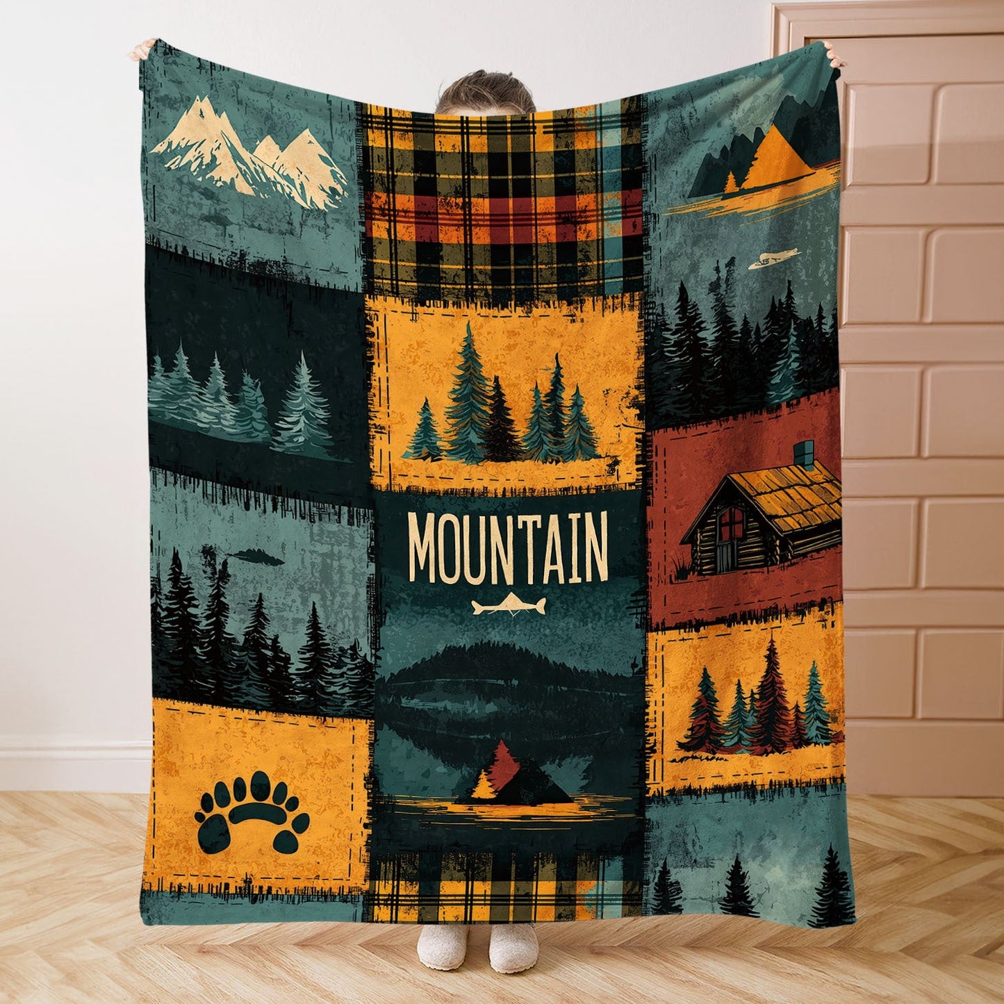 Soft polyester knit throw blanket with a mid-century outdoor patchwork design featuring digital print of mountains and forests. This all-season lightweight cover is perfect for bed, sofa, office, or camping.