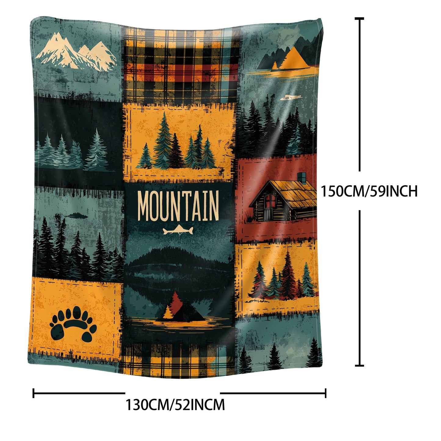 Soft polyester knit throw blanket with a mid-century outdoor patchwork design featuring digital print of mountains and forests. This all-season lightweight cover is perfect for bed, sofa, office, or camping.