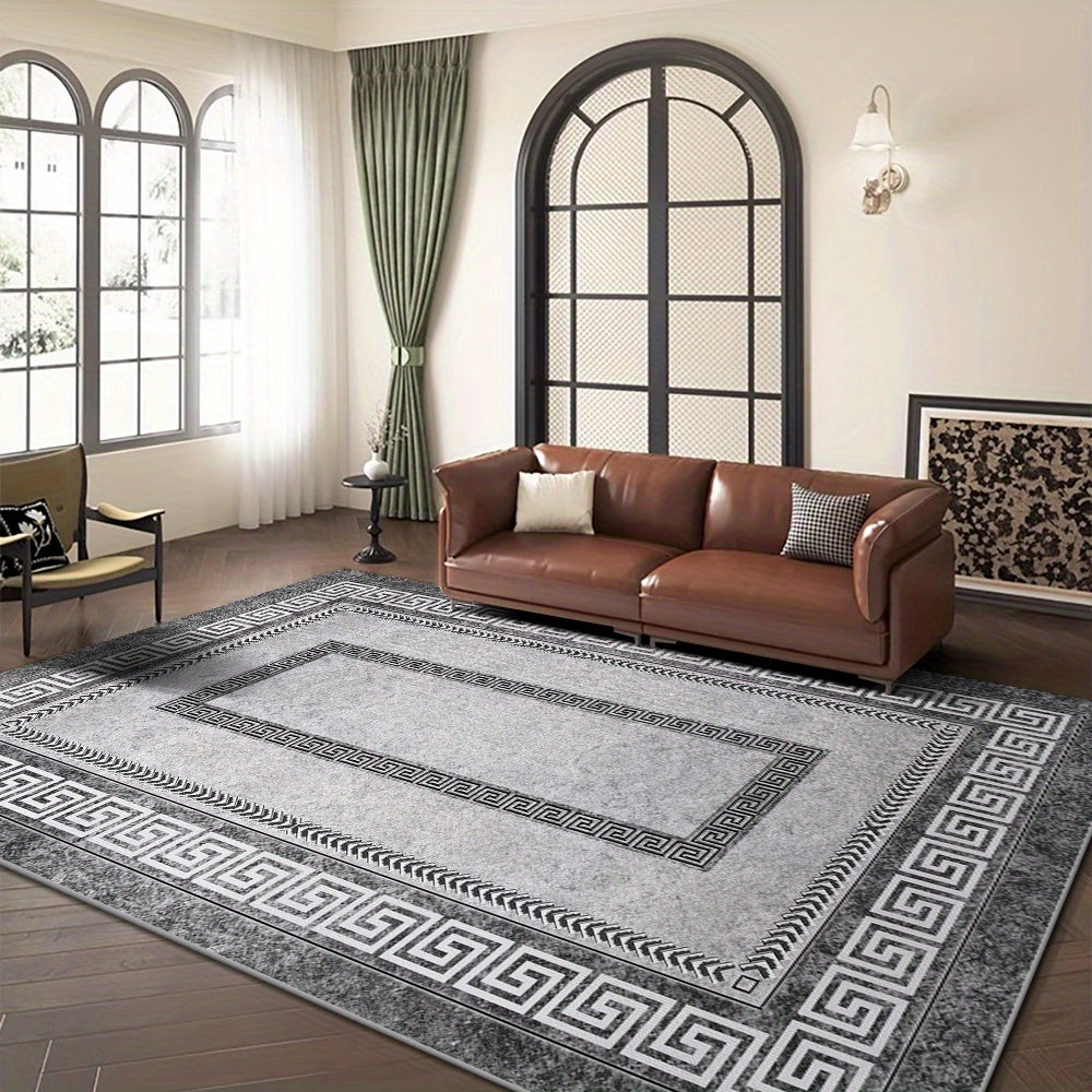 Upgrade your living room with our luxurious Velvet Rug, featuring a modern grey rectangle design with a Chinese texture border. Made from soft and non-slip machine washable polyester, this lightweight rug is fade resistant and perfect for any indoor