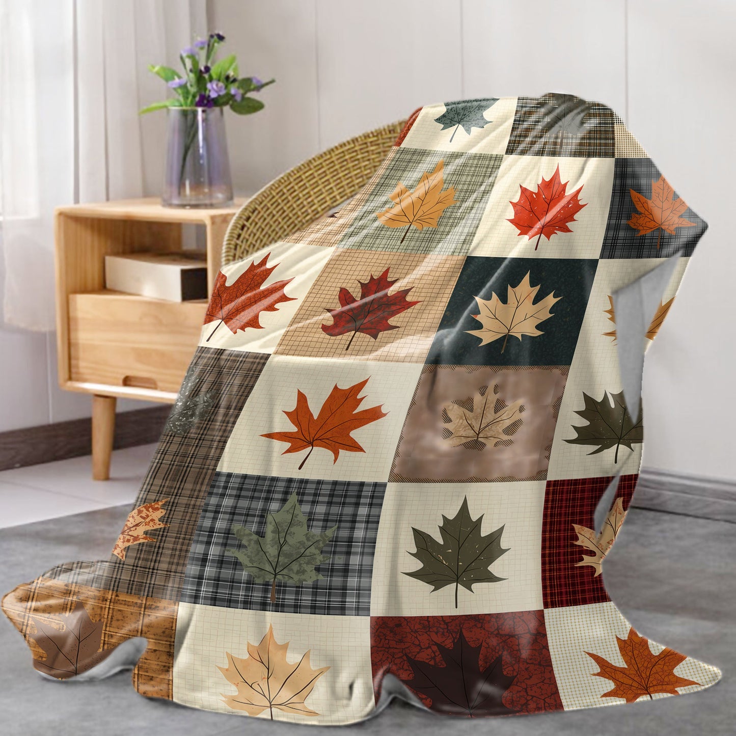 Autumn Leaves Flannel Throw Blanket - 1 Piece, made with 200-250g of Polyester, Featuring Digital Print in Mid-Century Style. Soft Knit for All Seasons, Perfect for Bed, Sofa, Office, or Camping - Available in Mixed Colors.