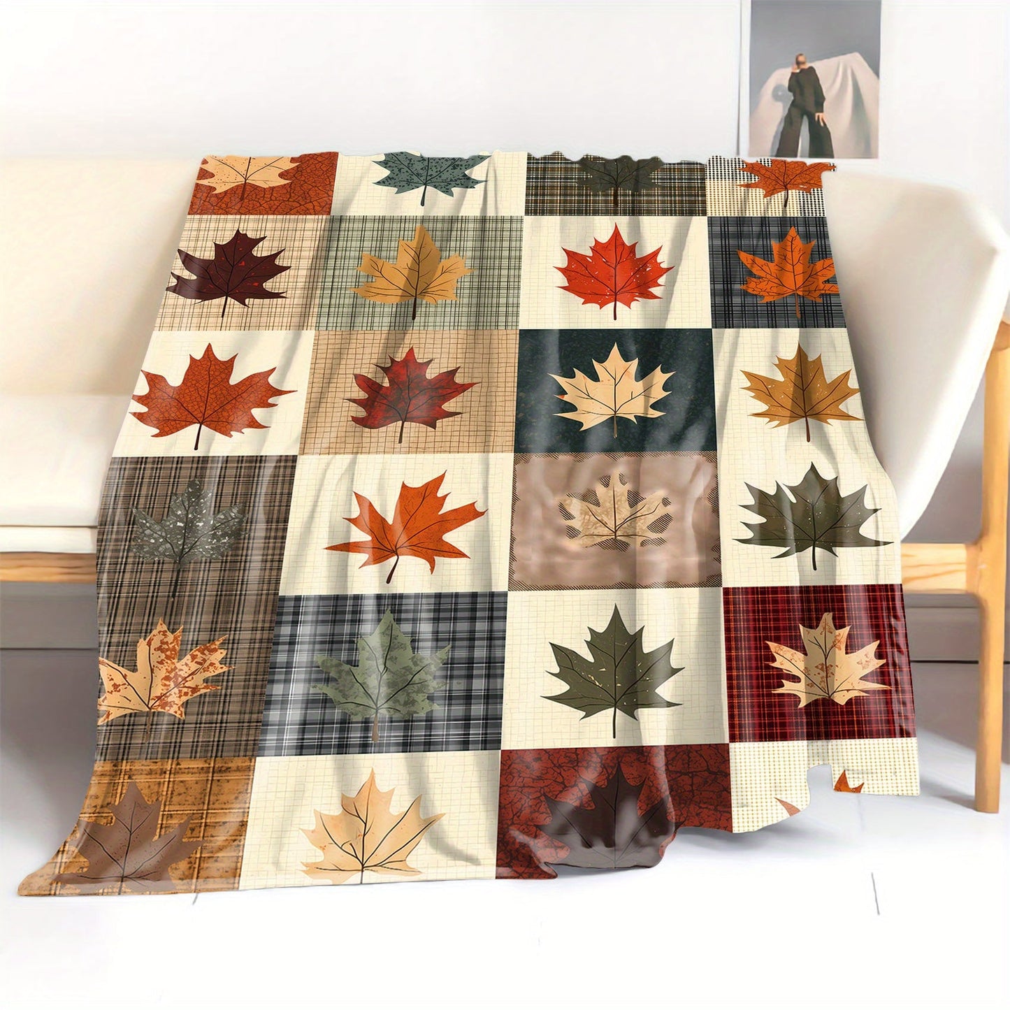 Autumn Leaves Flannel Throw Blanket - 1 Piece, made with 200-250g of Polyester, Featuring Digital Print in Mid-Century Style. Soft Knit for All Seasons, Perfect for Bed, Sofa, Office, or Camping - Available in Mixed Colors.