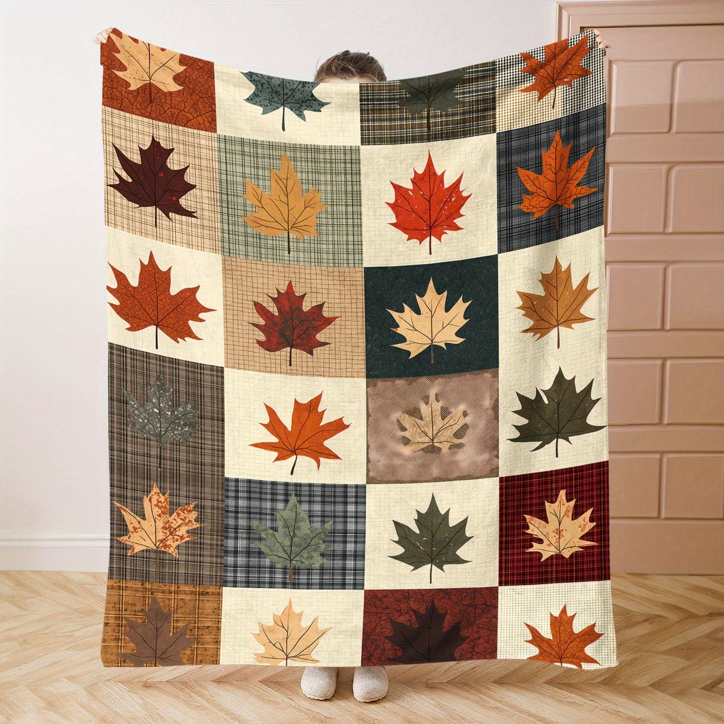 Autumn Leaves Flannel Throw Blanket - 1 Piece, made with 200-250g of Polyester, Featuring Digital Print in Mid-Century Style. Soft Knit for All Seasons, Perfect for Bed, Sofa, Office, or Camping - Available in Mixed Colors.