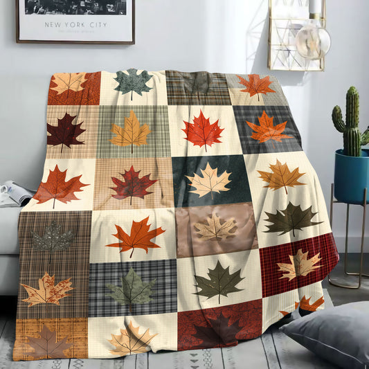 Autumn Leaves Flannel Throw Blanket - 1 Piece, made with 200-250g of Polyester, Featuring Digital Print in Mid-Century Style. Soft Knit for All Seasons, Perfect for Bed, Sofa, Office, or Camping - Available in Mixed Colors.