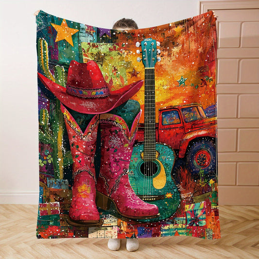 Flannel Throw Blanket with Western Cowboy Design - Made from Polyester, Features a Digital Print, Provides All-Season Comfort, Mid-century Style with Cowgirl Boots, Guitar, and Vintage Truck Pattern, Perfectly Soft and Cozy for Bed, Sofa, or Camping Use.