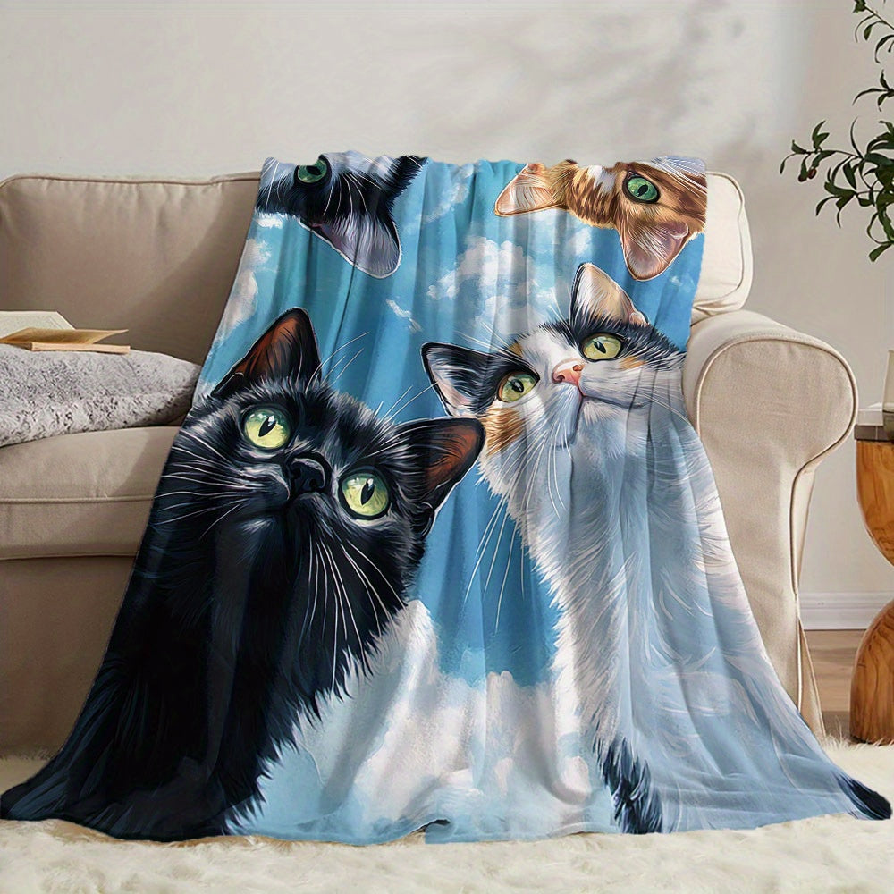 Modern Cartoon Cat Print Flannel Throw Blanket - Non-allergenic, Suitable for All Seasons, Versatile, Made of Polyester with Stylish Geometric Designs, Perfectly Warm Nap Cover for Home and Gifting