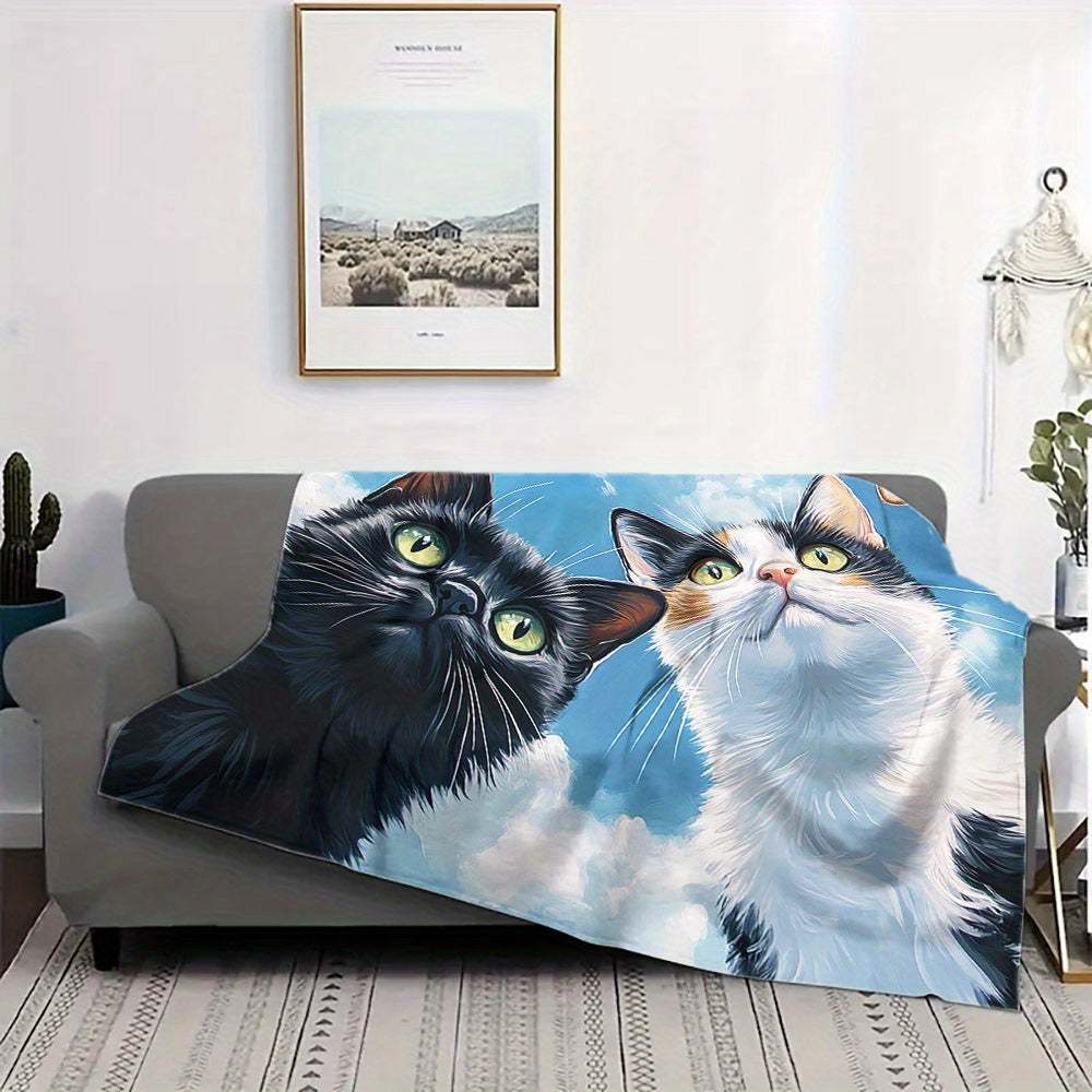 Modern Cartoon Cat Print Flannel Throw Blanket - Non-allergenic, Suitable for All Seasons, Versatile, Made of Polyester with Stylish Geometric Designs, Perfectly Warm Nap Cover for Home and Gifting