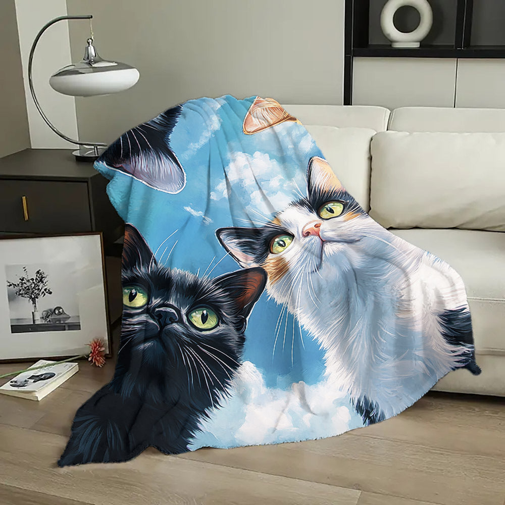 Modern Cartoon Cat Print Flannel Throw Blanket - Non-allergenic, Suitable for All Seasons, Versatile, Made of Polyester with Stylish Geometric Designs, Perfectly Warm Nap Cover for Home and Gifting