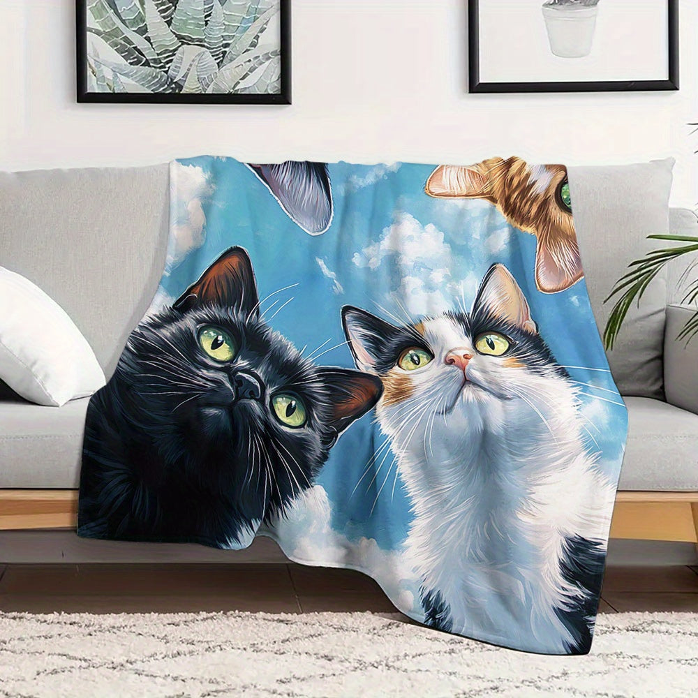 Modern Cartoon Cat Print Flannel Throw Blanket - Non-allergenic, Suitable for All Seasons, Versatile, Made of Polyester with Stylish Geometric Designs, Perfectly Warm Nap Cover for Home and Gifting