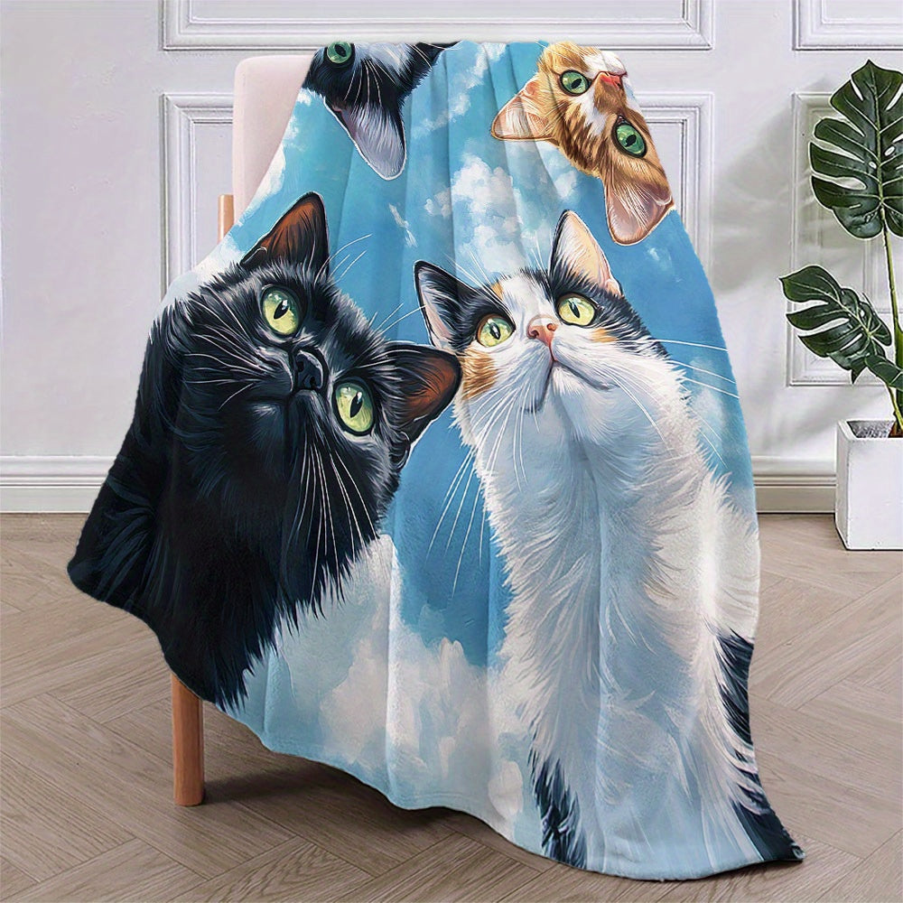 Modern Cartoon Cat Print Flannel Throw Blanket - Non-allergenic, Suitable for All Seasons, Versatile, Made of Polyester with Stylish Geometric Designs, Perfectly Warm Nap Cover for Home and Gifting