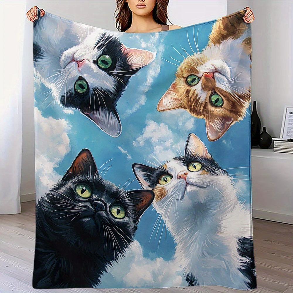 Modern Cartoon Cat Print Flannel Throw Blanket - Non-allergenic, Suitable for All Seasons, Versatile, Made of Polyester with Stylish Geometric Designs, Perfectly Warm Nap Cover for Home and Gifting