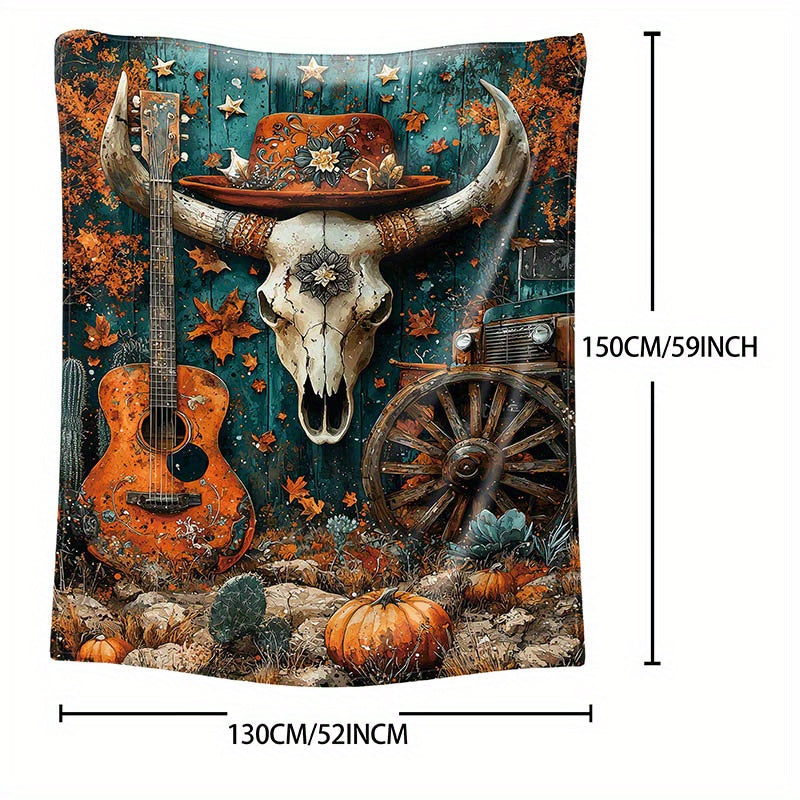 Watercolor Print Western Cowboy Elements Flannel Throw Blanket - 1 Piece, Soft and Cozy All-Season Polyester Knitted Blanket for Bed, Sofa, Office, or Camping - Featuring Mid-century Style with Digital Print, 200-250 g/㎡