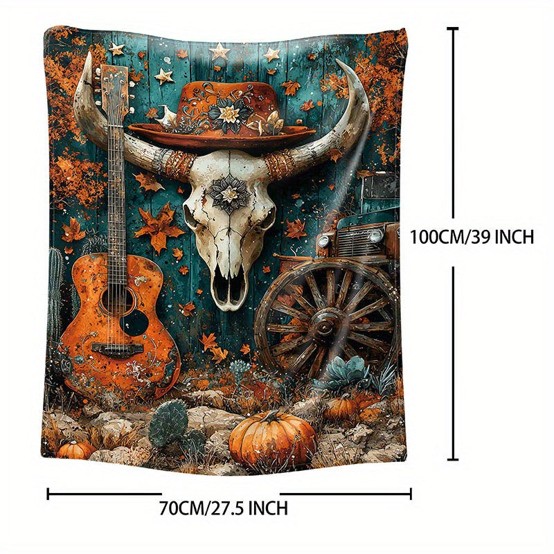 Watercolor Print Western Cowboy Elements Flannel Throw Blanket - 1 Piece, Soft and Cozy All-Season Polyester Knitted Blanket for Bed, Sofa, Office, or Camping - Featuring Mid-century Style with Digital Print, 200-250 g/㎡