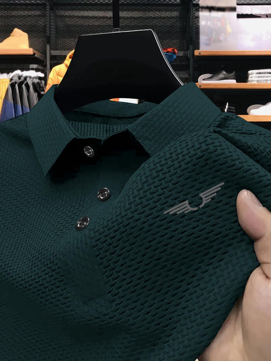 Men's summer golf shirt made of 91% nylon, 9% elastane knit fabric with slight stretch. Features regular fit, lapel collar, and print short sleeves. Suitable for business casual or tennis